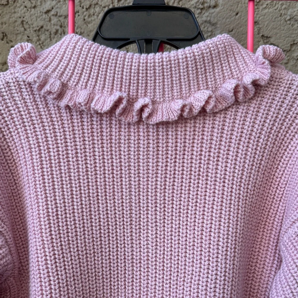 New Creamy Pink Ruffled Collar Cotton Cardigan